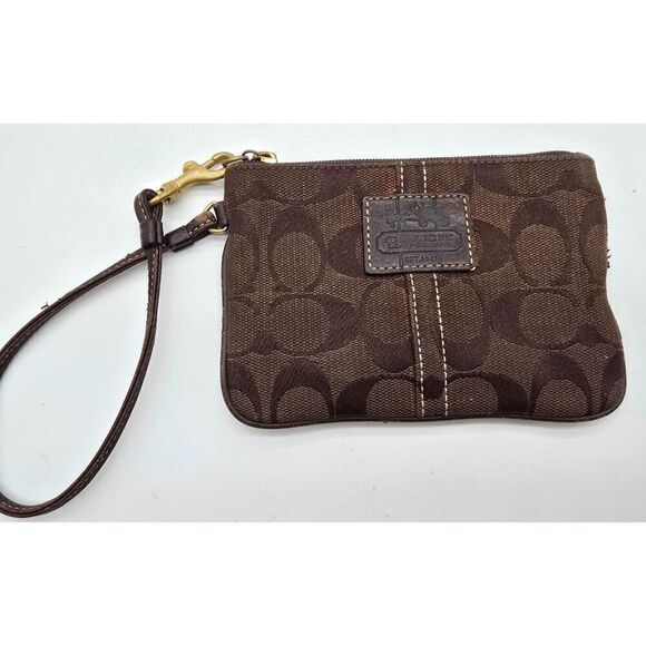Coach Signature Wristlet Brown & Tan Canvas With Plaid Lining - Picture 1 of 5